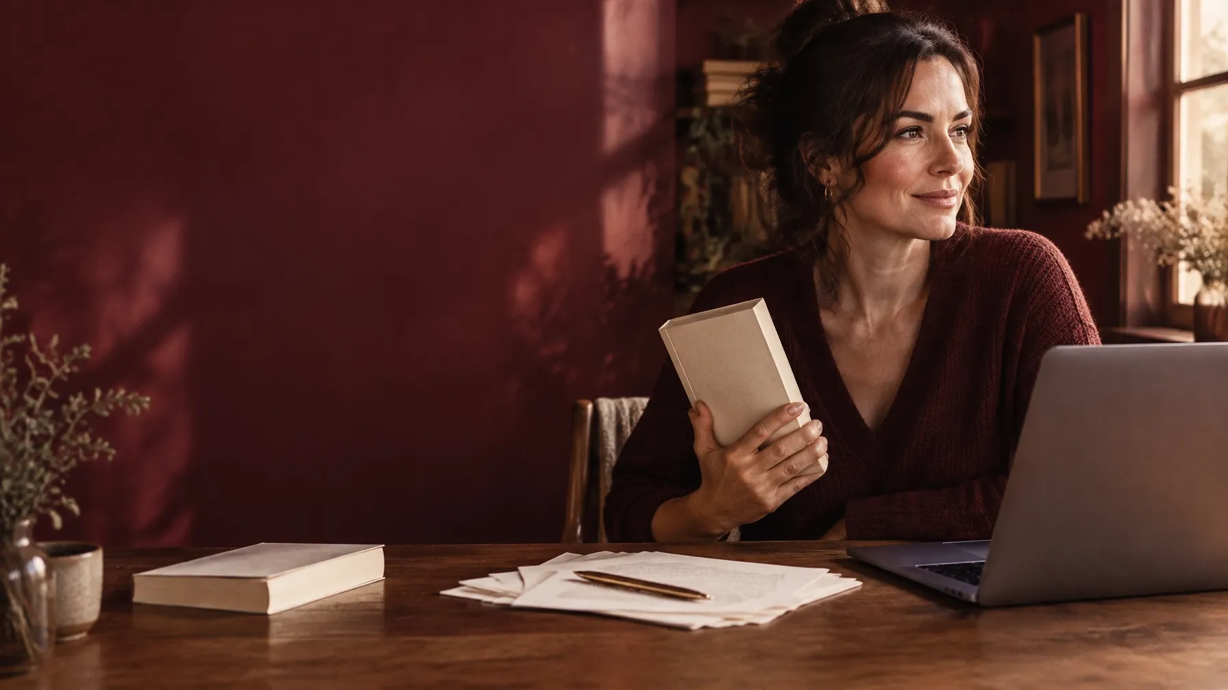 Author holding a finished paperback beside a laptop at a writing desk